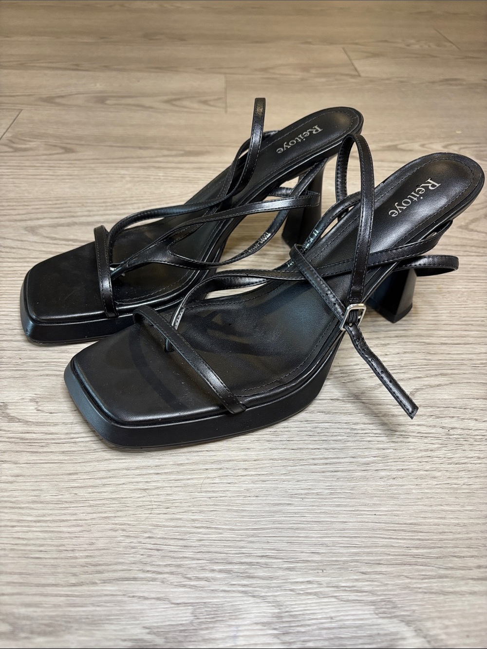 Refyove Black Strappy Square-Toe Block Heels